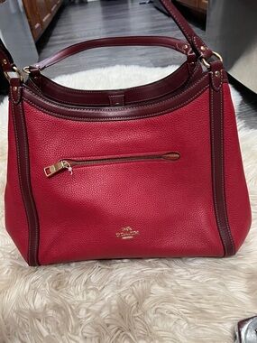 Coach Kristy Red Pebbled Leather Shoulder Bag with Dark Brown Trim